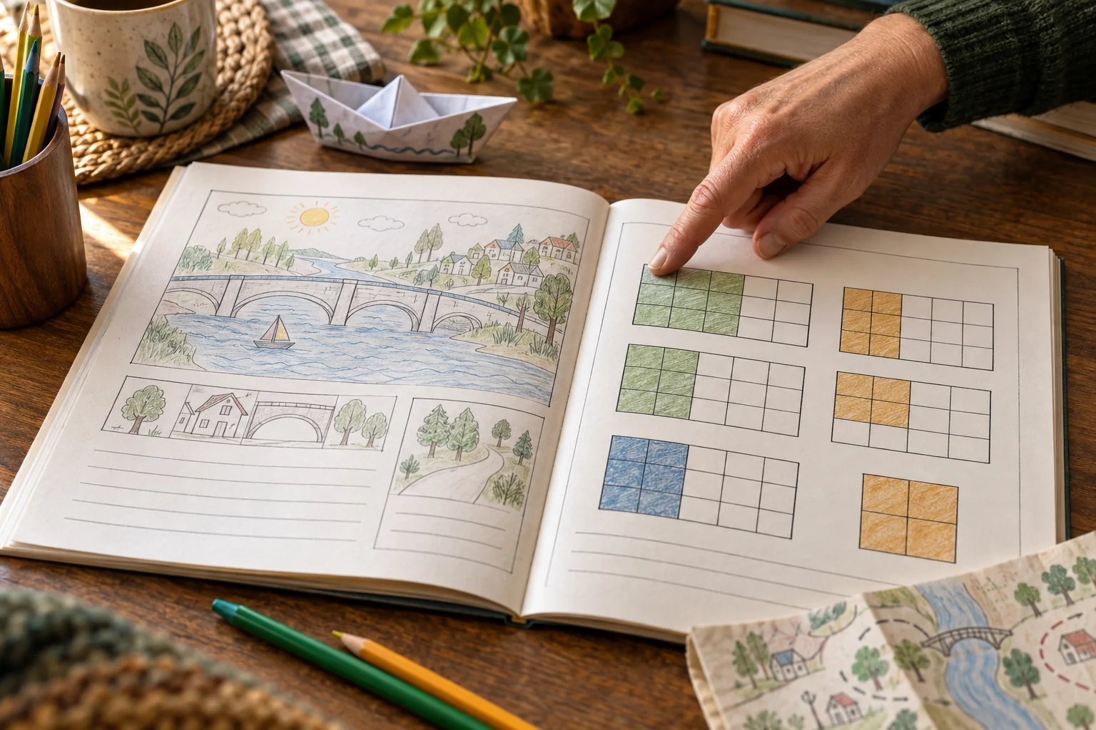 Illustrative scene of a parent pointing to a math activity beside a drawing, paper boat and family map