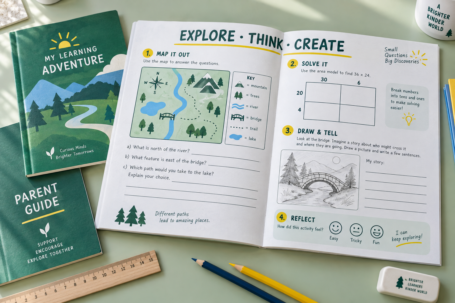 Illustrative spread of a child packet and parent guide, with math, geography and creative activities