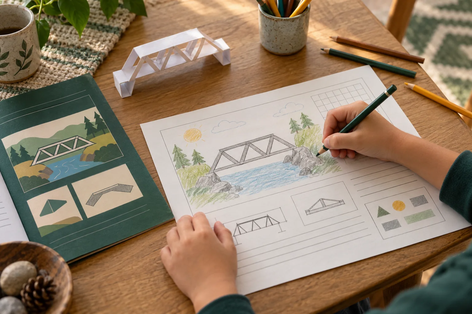 Illustrative scene of a child drawing a bridge beside a paper model and parent guide